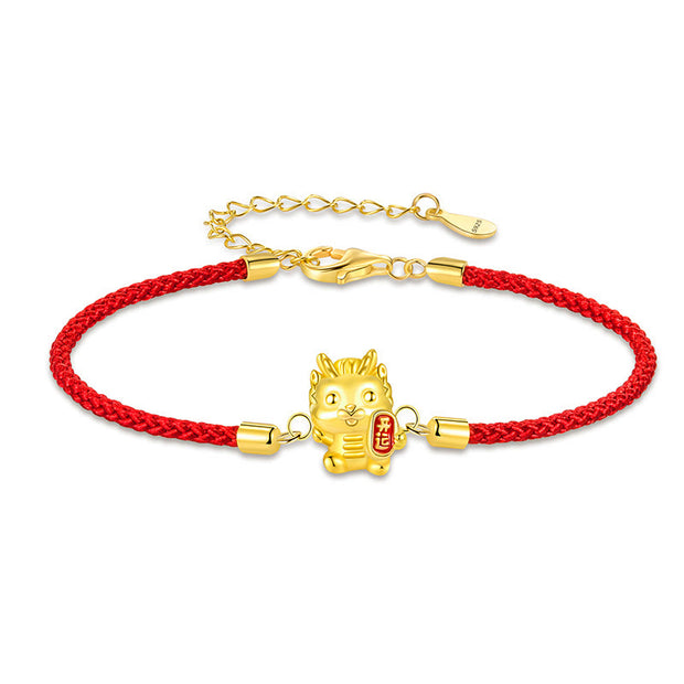 Buddha Stones 925 Sterling Silver Year Of The Dragon Lucky Golden Dragon Strength Red Rope Chain Bracelet Bracelet BS 3