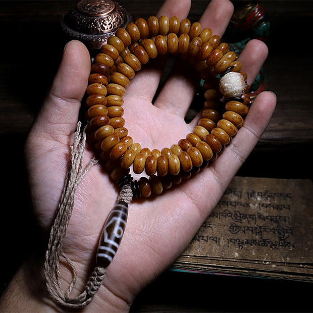 Buddha Stones Tibet 108 Mala Beads Yak Bone Three-eyed Dzi Bead Keep Away Evil Spirits Bracelet Mala Bracelet BS 2