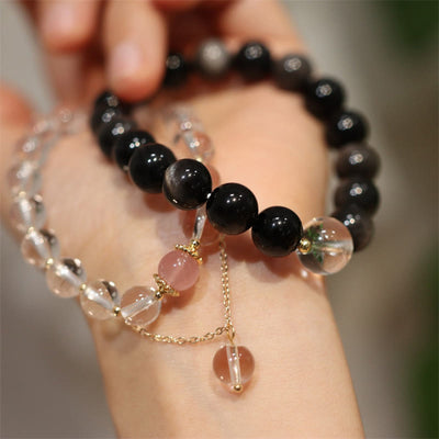 Buddha Stones Natural Silver Sheen Obsidian Pink Crystal White Crystal Protection Yin Yang Color Couple Bracelet Bracelet BS main