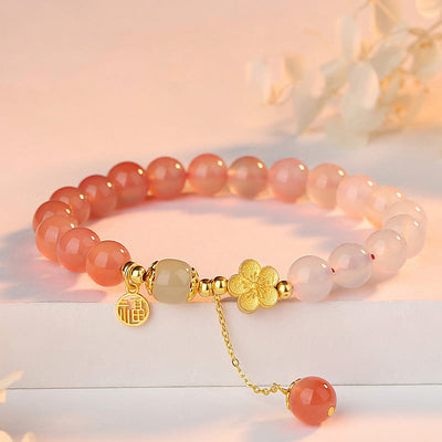 Buddha Stones 925 Sterling Silver Natural Gradient Agate Hetian Jade Fu Character Peach Blossom Flower Fortune Bracelet Bracelet BS Gradient Agate