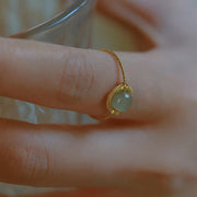 Buddha Stones 14K Gold Plated Round Jade Luck Prosperity Adjustable Ring