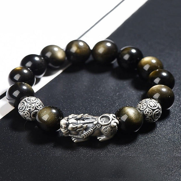 Buddha Stones 925 Sterling Silver Natural Gold Sheen Obsidian PiXiu Wealth Protection Bracelet Bracelet BS 14mm