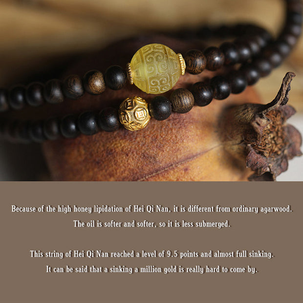 Buddha Stones 999 Gold Nha Trang Heiqinan Agarwood Amber Red Agate Strength Meditation Bracelet Bracelet BS 13