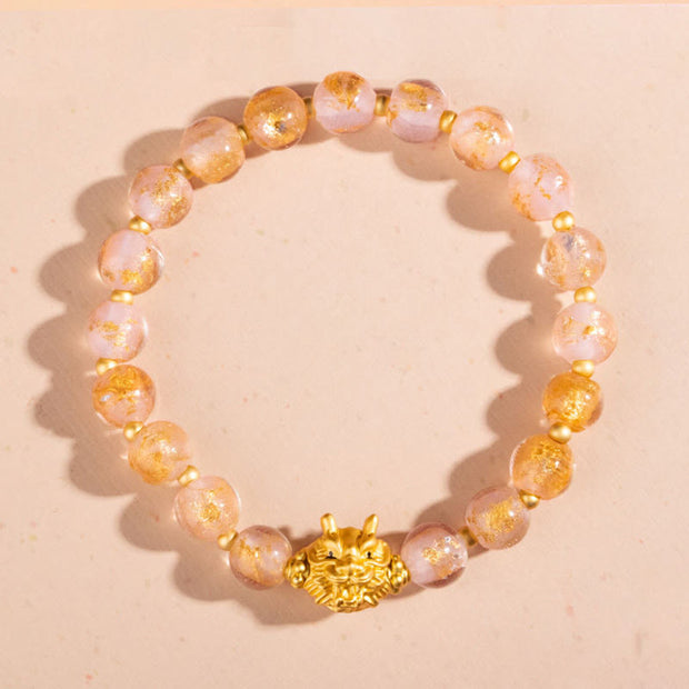 Buddha Stones Year of the Dragon Gold Foil Liuli Glass Bead Luck Bracelet Bracelet BS Pink Liuli Glass Bead(Wrist Circumference 14-16cm)