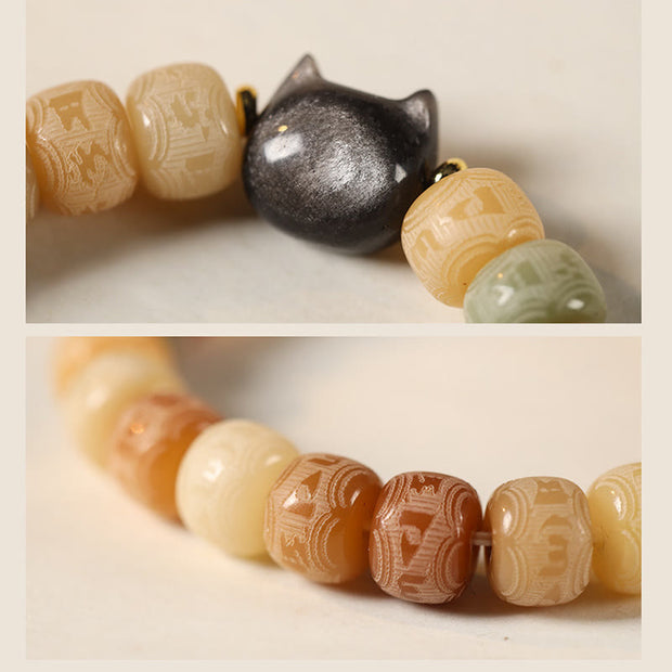 Buddha Stones Bodhi Seed Silver Sheen Obsidian Cat Head Om Mani Padme Hum Engraved Harmony Bracelet