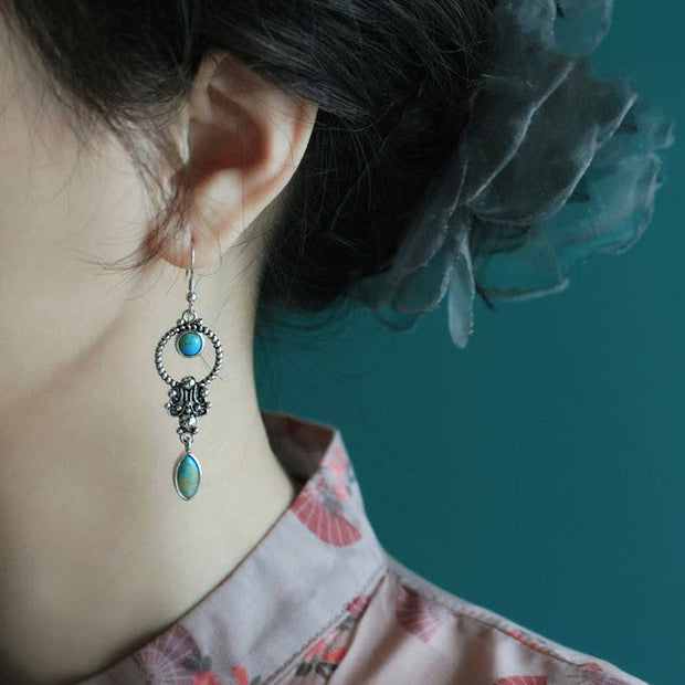 Buddha Stones 925 Sterling Silver Vintage Turquoise Waterdrop Pattern Balance Drop Dangle Earrings Earrings BS 1