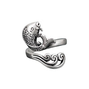 Buddha Stones 925 Sterling Silver Koi Fish Water Ripple Luck Wealth Ring