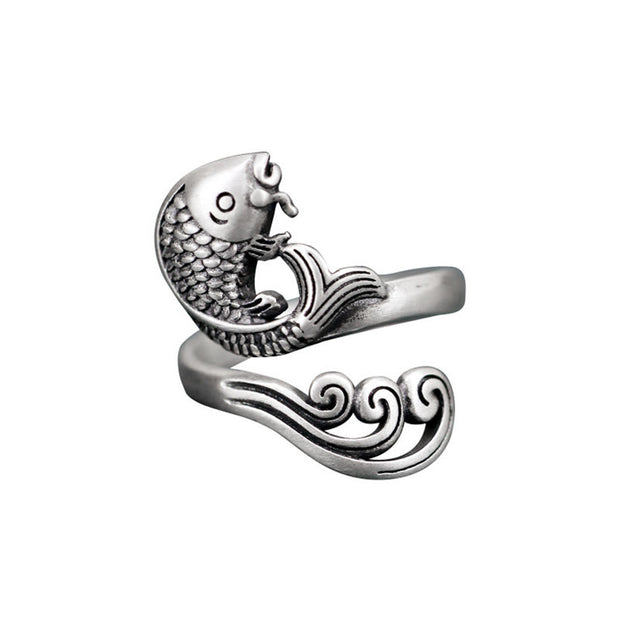 Buddha Stones 925 Sterling Silver Koi Fish Water Ripple Luck Wealth Ring Ring BS 13