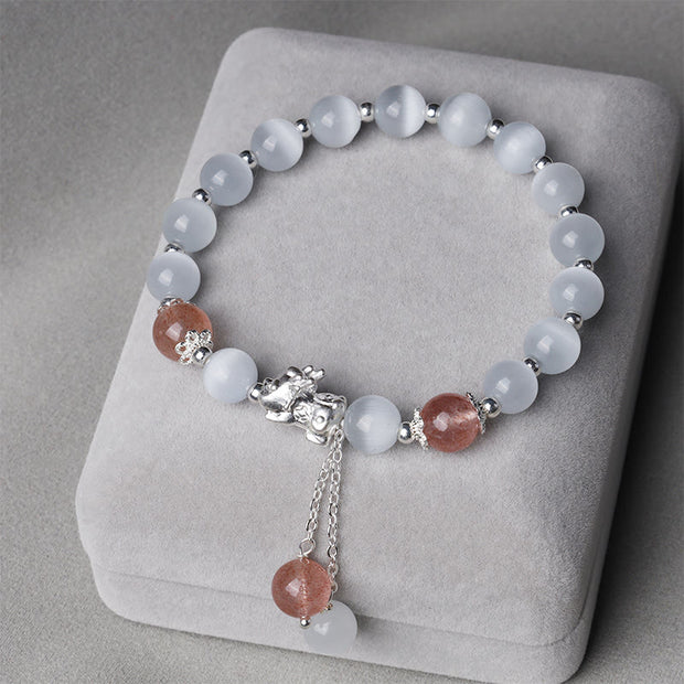 Buddha Stones Natural Cat's Eye Moonstone Strawberry Quartz PiXiu Support Bracelet Bracelet BS 7