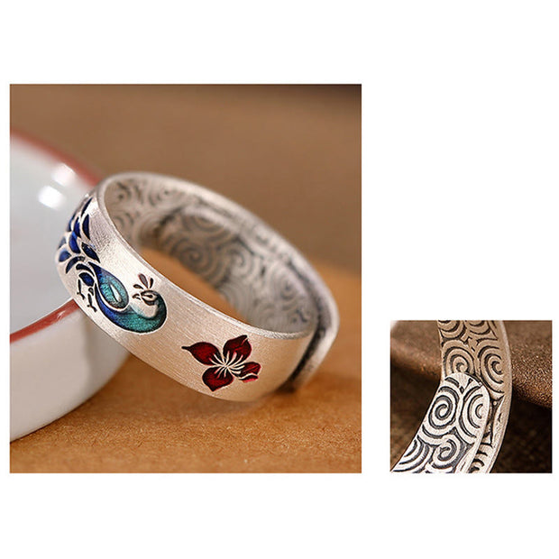 Buddha Stones 999 Sterling Silver Peacock Auspicious Clouds Engraved Lotus Flower Fortune Ring