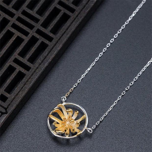 Buddha Stones 925 Sterling Silver Chrysanthemum Flower Blessing Necklace Pendant