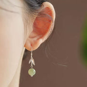 Buddha Stones 999 Sterling Silver Hetian Jade Bead Bamboo Leaf Luck Drop Dangle Earrings Earrings BS 1