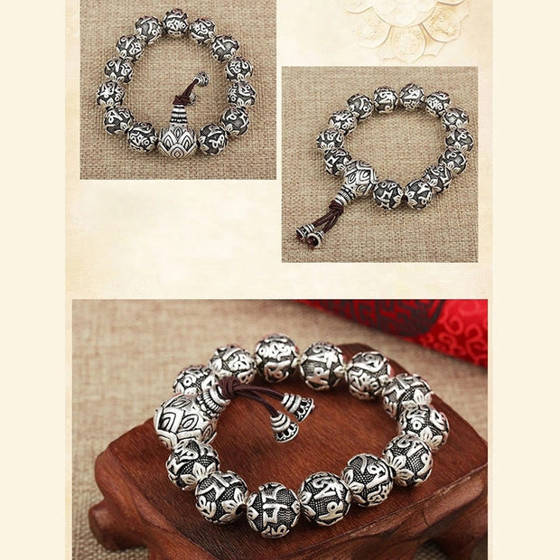 Buddha Stones Tibetan Om Mani Padme Hum Carved Alloy Beads Amulet Bracelet Bracelet BS 11