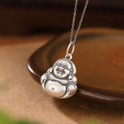 Buddha Stones 990 Sterling Silver Laughing Buddha Lotus Engraved Wealth Luck Necklace Pendant Necklaces & Pendants BS 1
