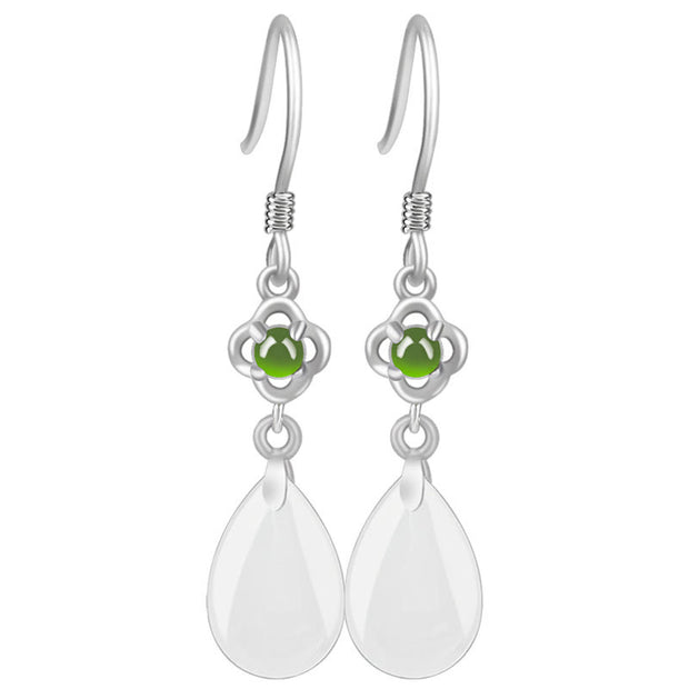 Buddha Stones 925 Sterling Silver Natural Hetian White Jade Water Drop Design Protection Drop Dangle Earrings Earrings BS 6