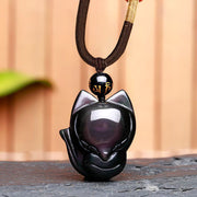 Buddhastoneshop Natural Rainbow Obsidian Gold Sheen Obsidian Nine Tailed Fox Positive Necklace Pendant