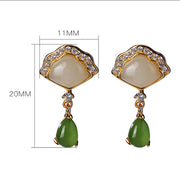 Buddha Stones White Jade Cyan Jade Fan Water Drop Pattern Luck Drop Earrings Earrings BS 8