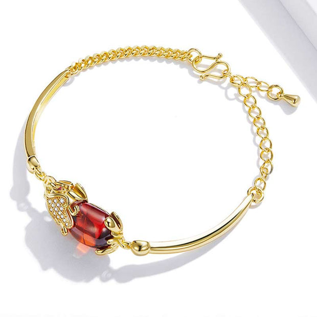 Buddha Stones FengShui Golden Red Agate PiXiu Wealth Luck Bracelet