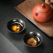 Buddha Stones Gold Leaf Chinese Jianzhan Dragon Phoenix Lotus Avalokitesvara Koi Fish Ceramic Teacup Tenmoku Kung Fu Tea Cup Bowl Jian Zhan Tea Cup BS 9