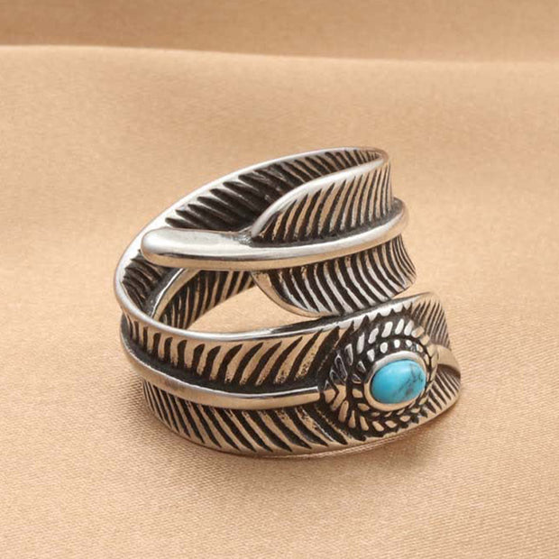 Buddha Stones Turquoise Titanium Steel Feather Wisdom Protection Ring Ring BS 6