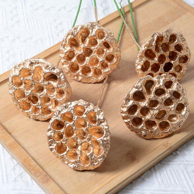 Buddha Stones Gold Dried Lotus Pod Stemmed Plant Table Bouquet Decoration