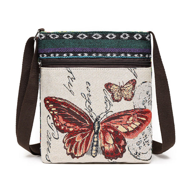 Buddha Stones Elephant Butterfly Embroidered Canvas Tote Bag Shoulder Bag Crossbody Bag Bag BS Red Butterfly