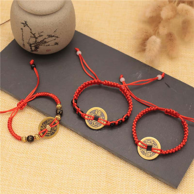 Buddha Stones Copper Coin Fortune Red String Weave Bracelet Bracelet BS 7
