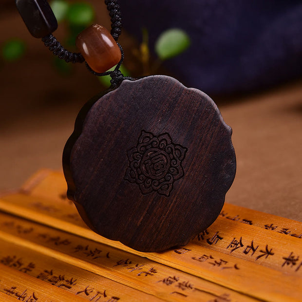 Buddha Stones Hand-painted Auspicious Clouds Ebony Wood Fu Character Peace Necklace Pendant