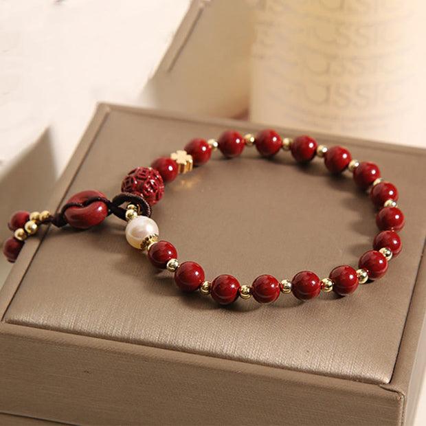 Buddha Stones Natural Cinnabar Peace Buckle Copper Coin Charm Blessing Bracelet