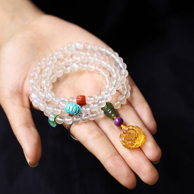 Buddha Stones 108 Mala Beads Moonstone Amber Lotus Turquoise Crystal Healing Bracelet Bracelet Mala BS 4
