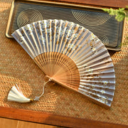 Buddha Stones Cherry Blossoms Sakura Handheld Silk Bamboo Folding Fan 21cm