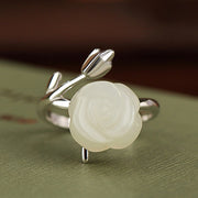 Buddha Stones 925 Sterling Silver Plated Gold Rose Flower Hetian White Jade Happiness Ring Ring BS 9