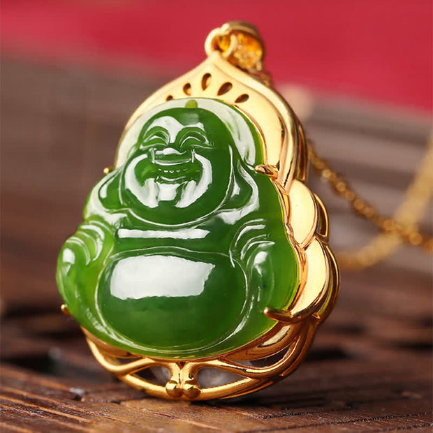 Buddha Stones 925 Sterling Silver Natural Hetian Cyan Jade Laughing Buddha 18K Gold Healing Necklace Chain Pendant Necklaces & Pendants BS 6