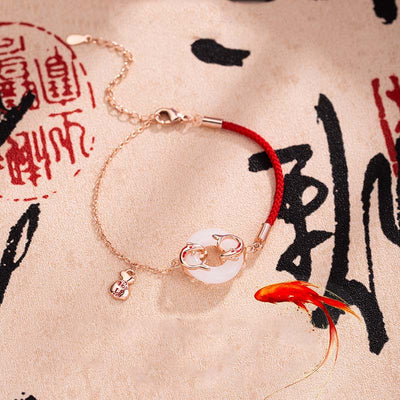 Buddha Stones White Jade Double Koi Fish Peace Buckle Attract Fortune Luck Charm Bracelet