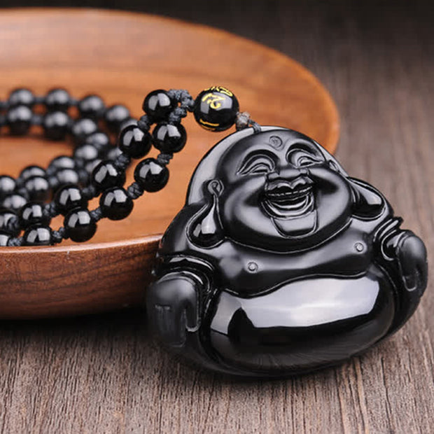 Buddha Stones Laughing Buddha Black Obsidian Transformation Pendant Necklace Necklaces & Pendants BS 2