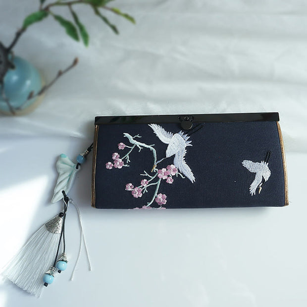 Buddha Stones Flower Plum Peach Blossom Bamboo Double-sided Embroidery Large Capacity Cash Holder Wallet Shopping Purse Bag BS 24