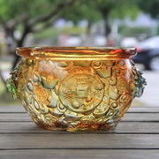 Buddha Stones Handmade Liuli Crystal Treasure Bowl Art Piece Home Decoration