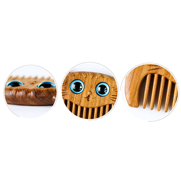 Buddha Stones Simple Cat Pattern Green Sandalwood Cure Portable Comb Comb BS 11
