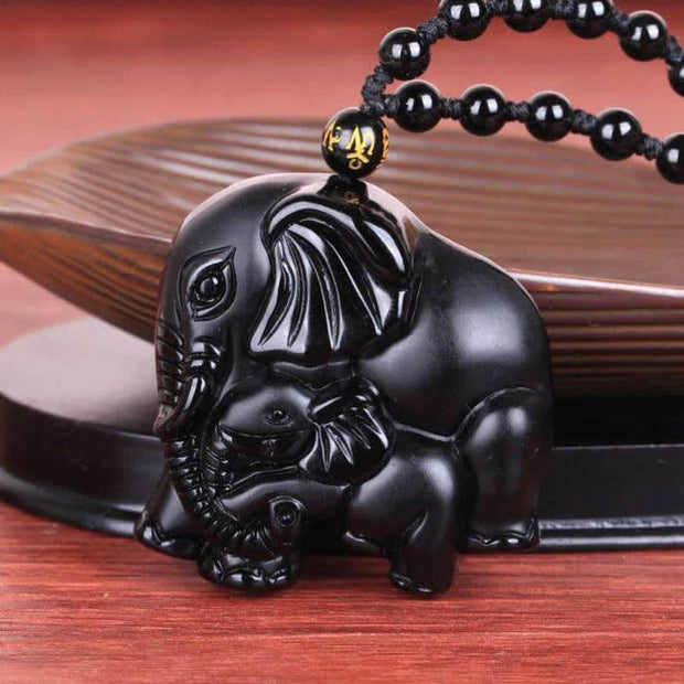 Buddha Stones Black Obsidian Elephant Protection Strength Necklace Pendant Necklaces & Pendants BS 1