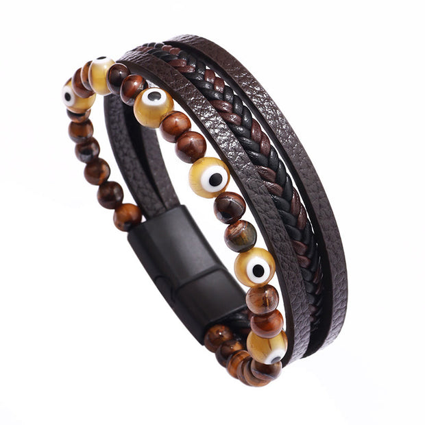 Buddha Stones Evil Eye Tiger Eye Protection Beaded Multilayered Braided Bracelet Bracelet BS 6