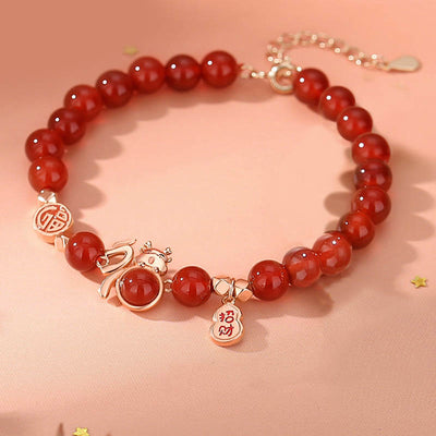 Buddha Stones 925 Sterling Silver Year of the Dragon Natural Red Agate Hetian Jade Fu Character Luck Gourd Bracelet