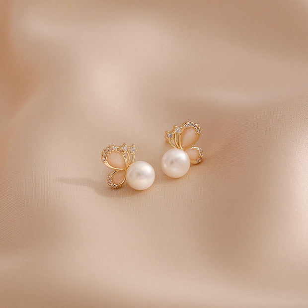 Buddha Stones 18K Gold Pearl Butterfly Love Freedom Stud Earrings Earrings BS 1