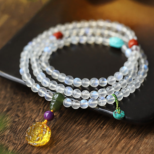 Buddha Stones 108 Mala Beads Moonstone Amber Lotus Turquoise Crystal Healing Bracelet Bracelet Mala BS 7