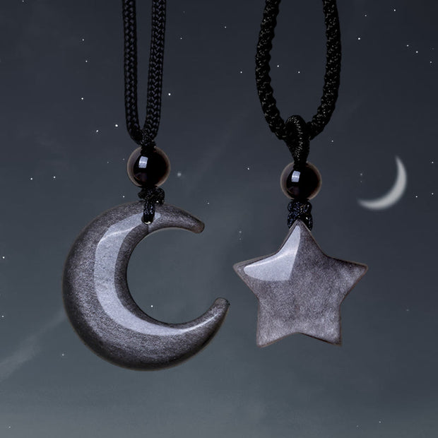 Buddha Stones Natural Silver Sheen Obsidian Star Crescent Moon Protection Necklace Pendant Necklaces & Pendants BS Couple(Star&Moon)