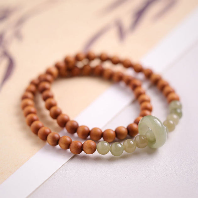 Buddha Stones Sandalwood Hetian Jade Protection Double Wrap Bracelet 