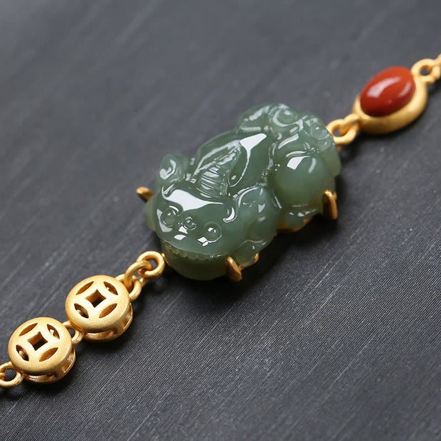 Buddha Stones Cyan Jade PiXiu Copper Coin Red Agate Success Chain Bracelet Bracelet BS 1