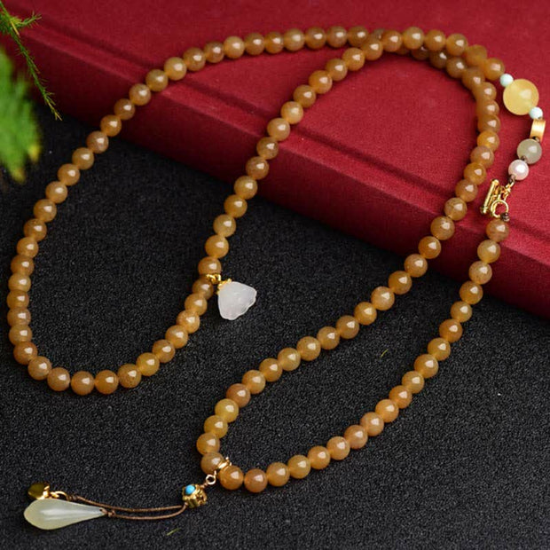 Buddha Stones Natural Hetian Topaz Amber Lotus White Jade Pearl Success Bracelet Bracelet BS 6