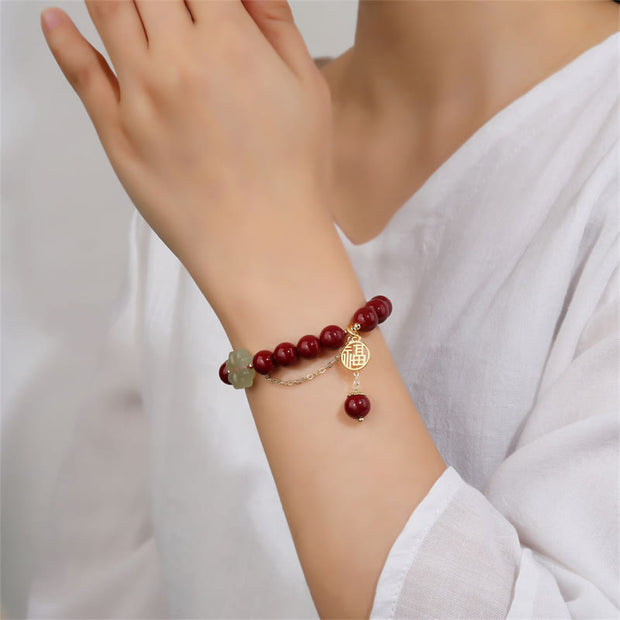 Buddha Stones Cinnabar Fu Character Hetian Jade Lucky Four Leaf Clover Blessing Bracelet
