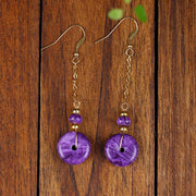 Buddha Stones Natural Amethyst Peace Buckle 14K Gold Healing Drop Earrings