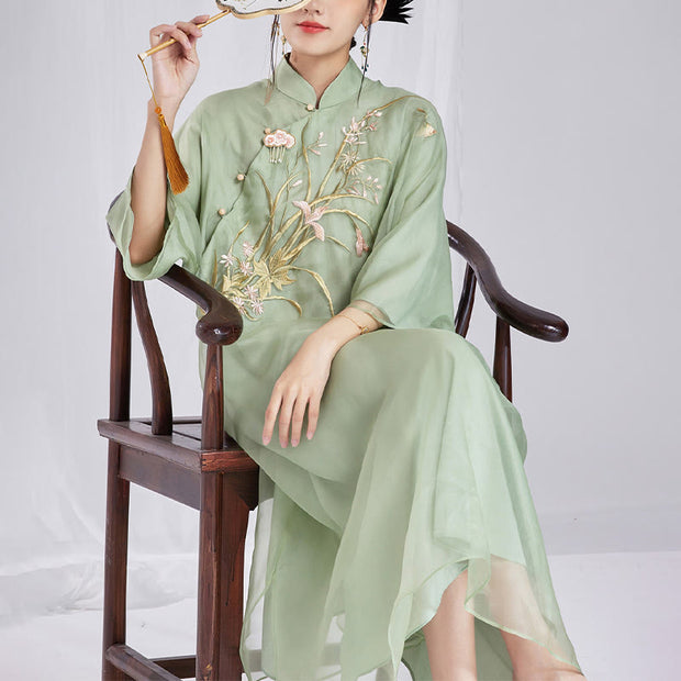 Buddha Stones 100% Mulberry Silk 6 Momme Dress Vintage Flower Butterfly Embroidery Qipao Dress Women's Cheongsam Dress